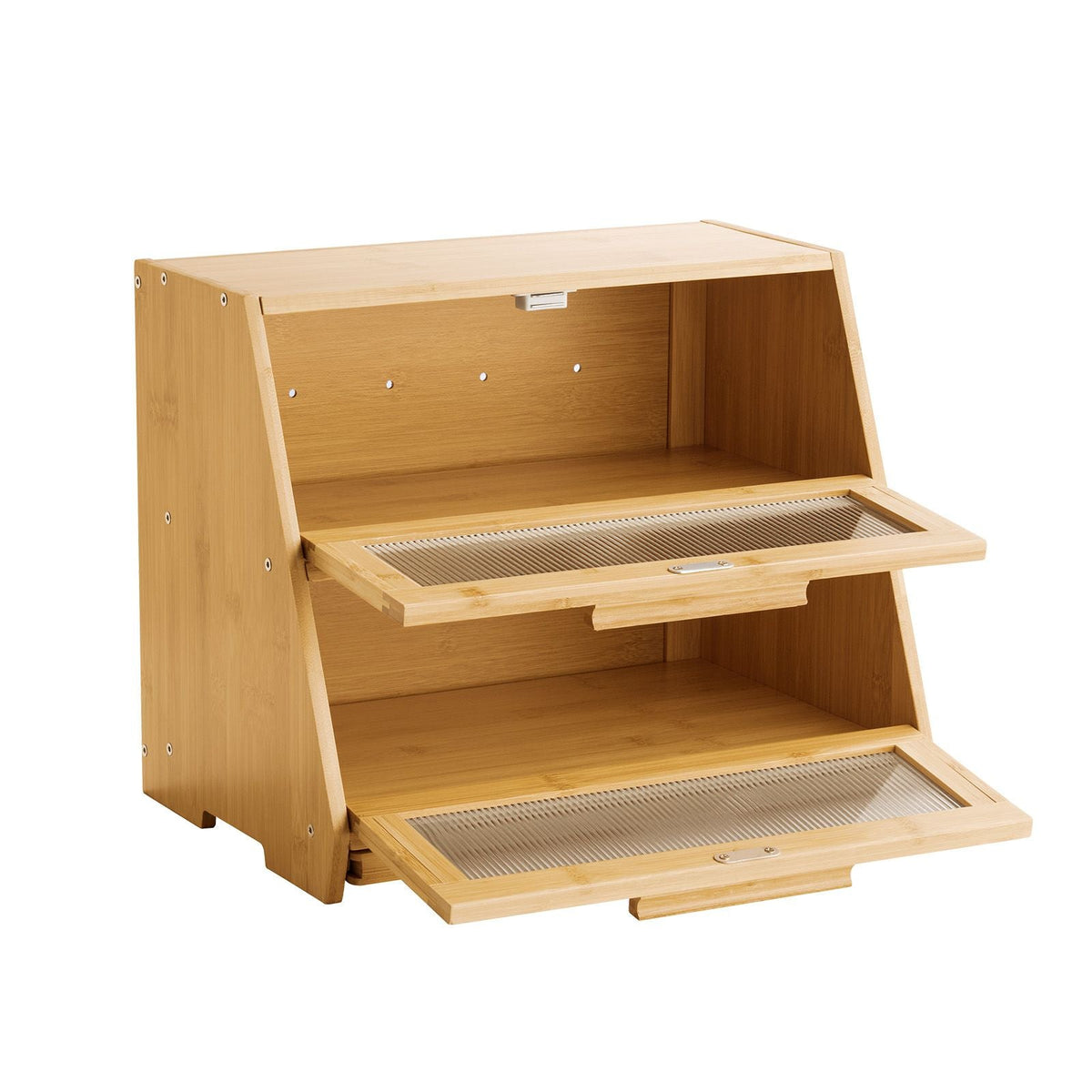 Double Layer Bread Box for Kitchen Counter, Large Capacity Bamboo Bread Storage Container, Farmhouse Wooden Breadbox for Homemade Bread, Storage Holder Bin with Acrylic Wavy Door Panel, Natural