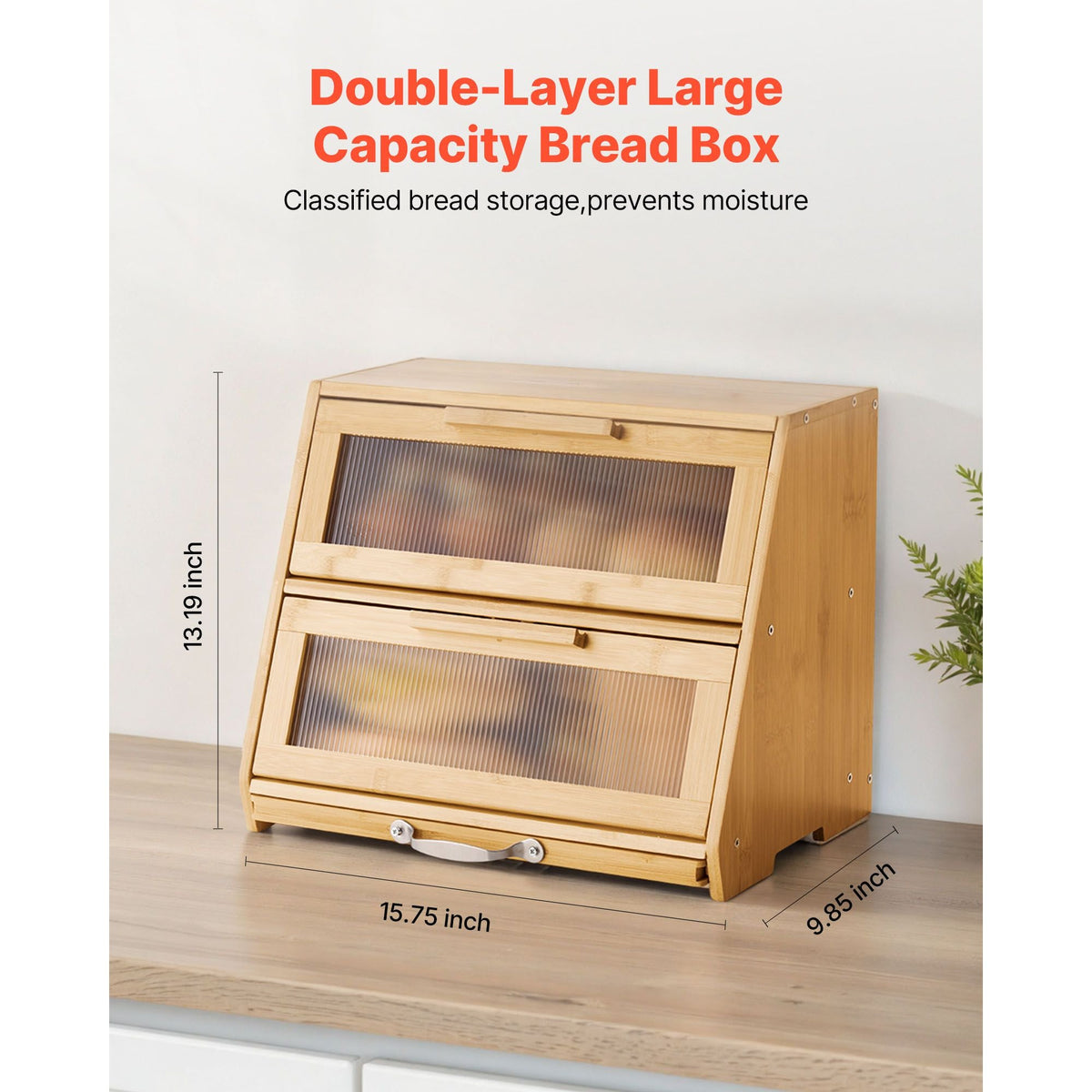 Double Layer Bread Box for Kitchen Counter, Large Capacity Bamboo Bread Storage Container, Farmhouse Wooden Breadbox for Homemade Bread, Storage Holder Bin with Acrylic Wavy Door Panel, Natural