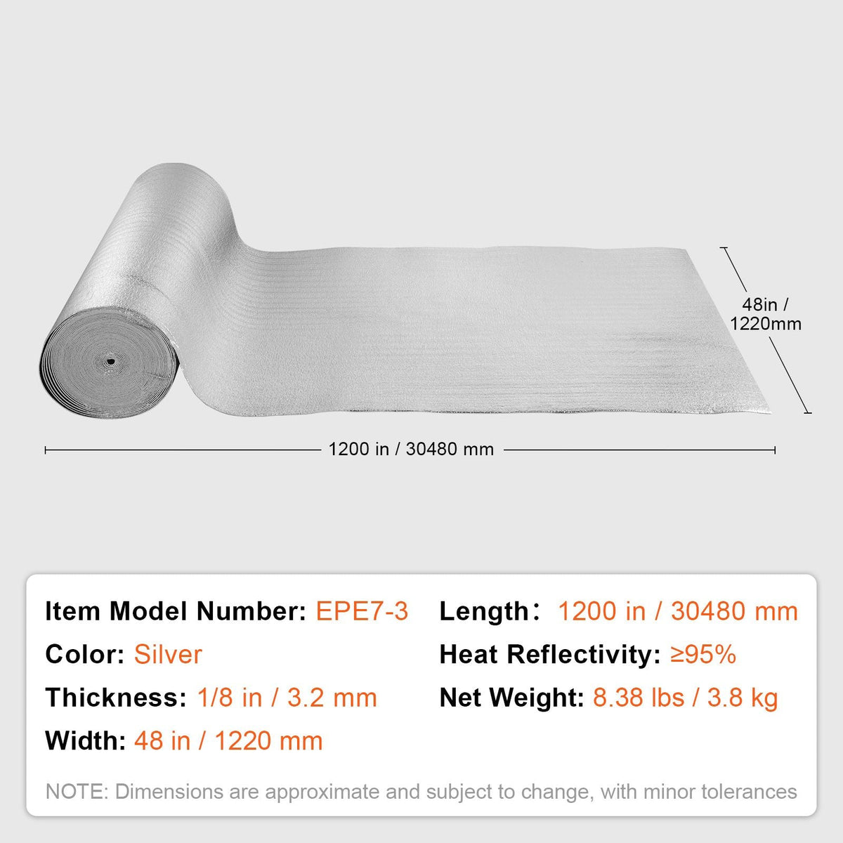 Double Reflective Insulation Roll, Foam Core Radiant Barrier, 3.2 mm 48 in x 100 ft, Double-Sided Aluminum Foil EPE Foam Heat Reflective Shield, Thermal Insulation Roll for Window RV Roof