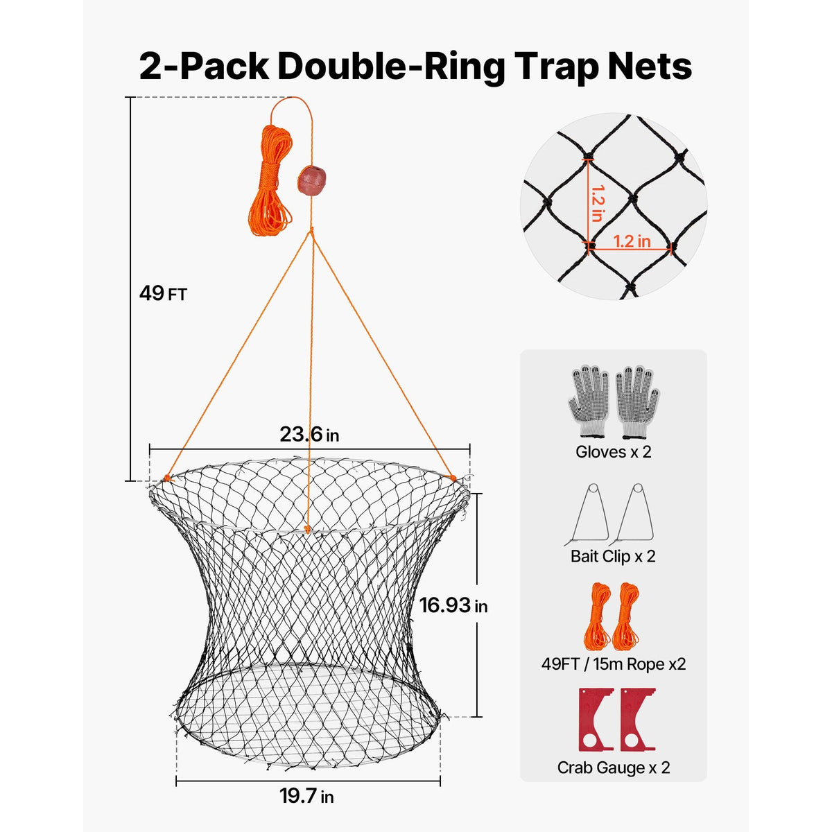 Double Ring Crab Trap, 24 inch Top, 20 inch Bottom, Two Rings Crab Kit, Foldable Fishing Net with Gauge, 60 ft Rope, Wire Grid Bottom, Rock and Blue Crab, Dock & Pier Crabbing, 2 Set