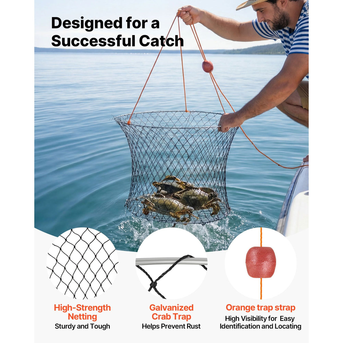 Double Ring Crab Trap, 24 inch Top, 20 inch Bottom, Two Rings Crab Kit, Foldable Fishing Net with Gauge, 60 ft Rope, Wire Grid Bottom, Rock and Blue Crab, Dock & Pier Crabbing, 2 Set
