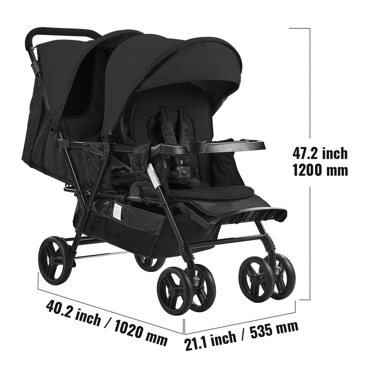 Double Stroller, Foldable Lightweight Twin Stroller with Tandem Seating, Adjustable Backrest/Footrest, Wrap-Around Safety Harness, Storage Basket & Tray, for Newborn and Toddler (Black)