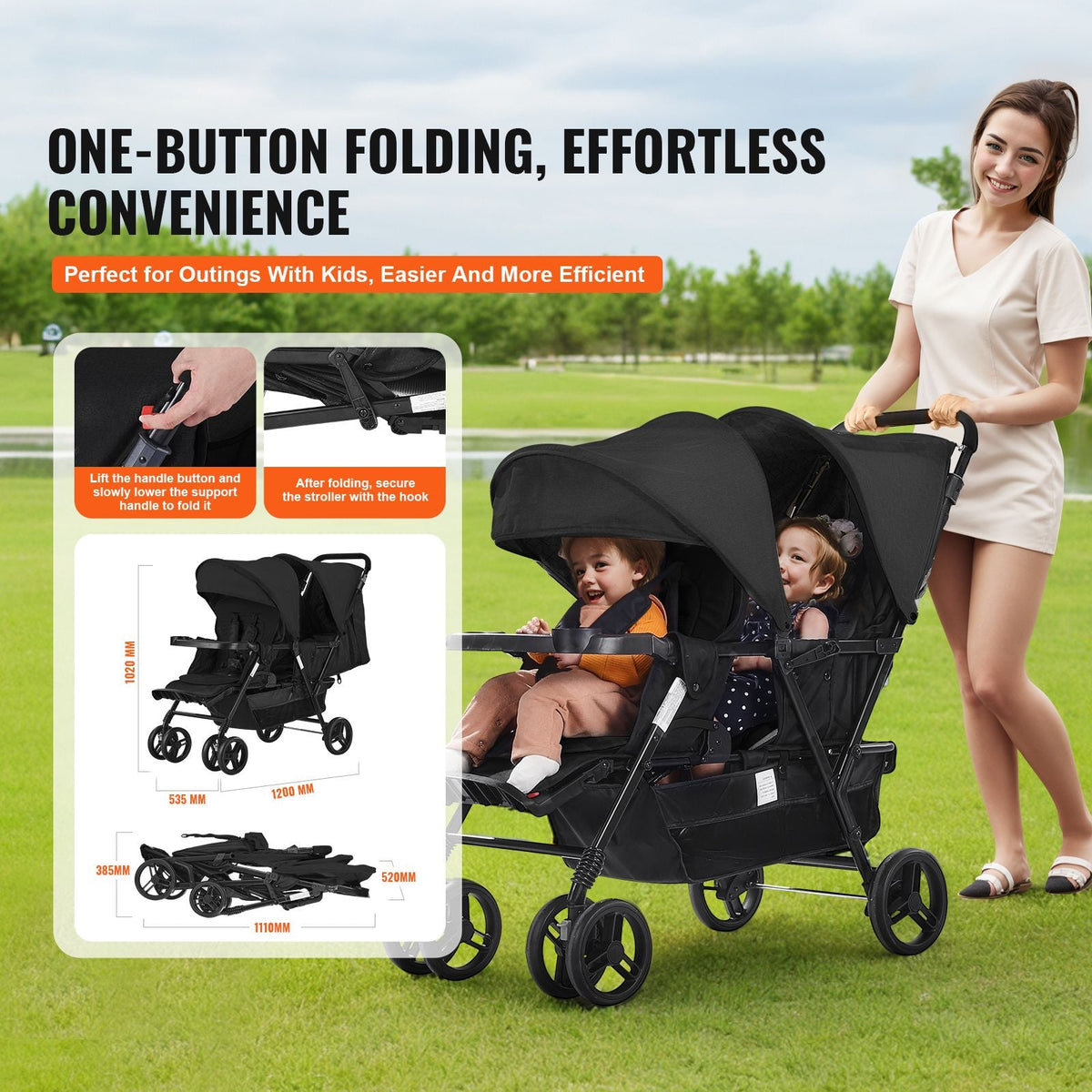 Double Stroller, Foldable Lightweight Twin Stroller with Tandem Seating, Adjustable Backrest/Footrest, Wrap-Around Safety Harness, Storage Basket & Tray, for Newborn and Toddler (Black)