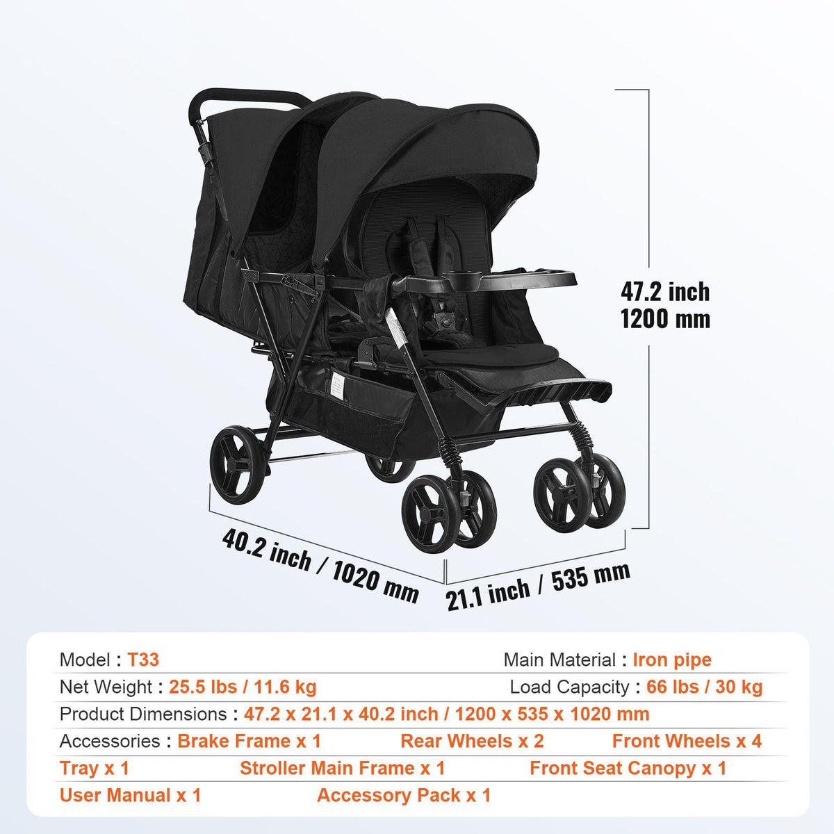 Double Stroller, Foldable Lightweight Twin Stroller with Tandem Seating, Adjustable Backrest/Footrest, Wrap-Around Safety Harness, Storage Basket & Tray, for Newborn and Toddler (Black)