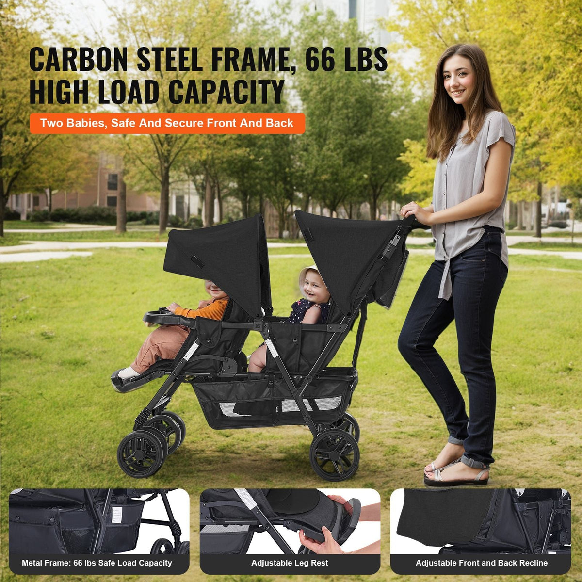 Double Stroller, Foldable Lightweight Twin Stroller with Tandem Seating, Adjustable Backrest/Footrest, Wrap-Around Safety Harness, Storage Basket & Tray, for Newborn and Toddler (Black)