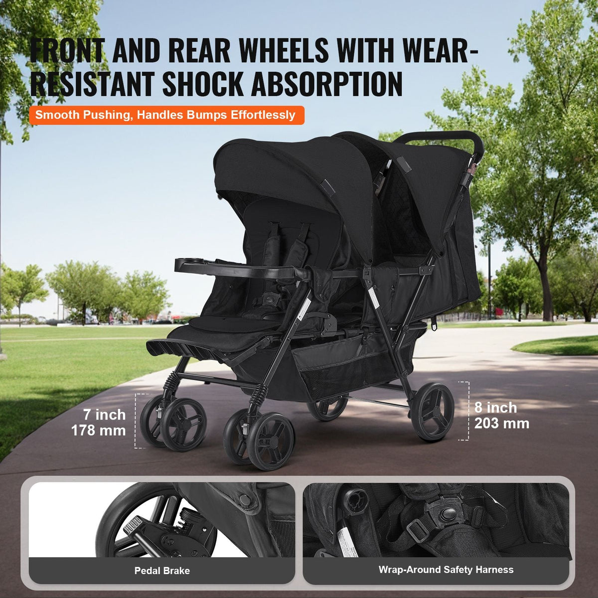 Double Stroller, Foldable Lightweight Twin Stroller with Tandem Seating, Adjustable Backrest/Footrest, Wrap-Around Safety Harness, Storage Basket & Tray, for Newborn and Toddler (Black)