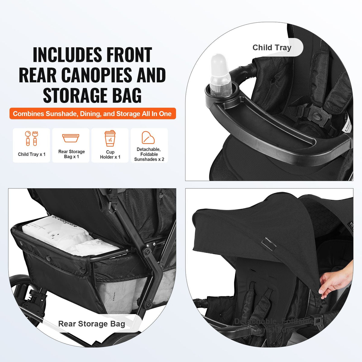 Double Stroller, Foldable Lightweight Twin Stroller with Tandem Seating, Adjustable Backrest/Footrest, Wrap-Around Safety Harness, Storage Basket & Tray, for Newborn and Toddler (Black)