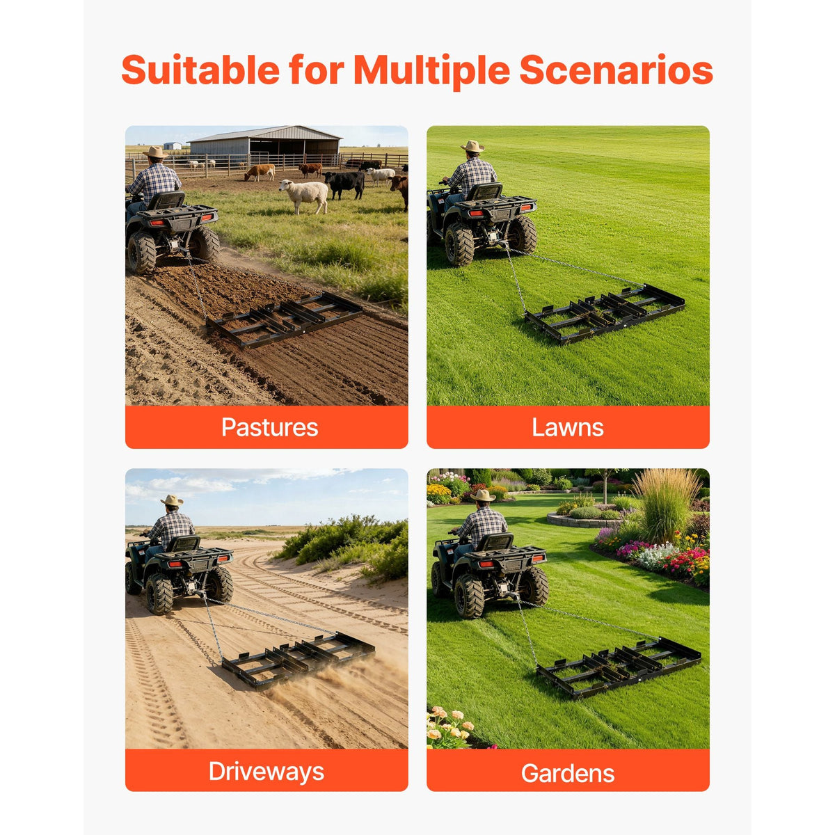 Drag Harrow, 48 x 20 in, Tow-Behind Driveway Grader with Adjustable Width & 50lbs Load Capacity, Heavy Duty Lawn Leveling Rake, Galvanized Steel Gravel Driveway Drag, Fits ATVs UTVs Tractors