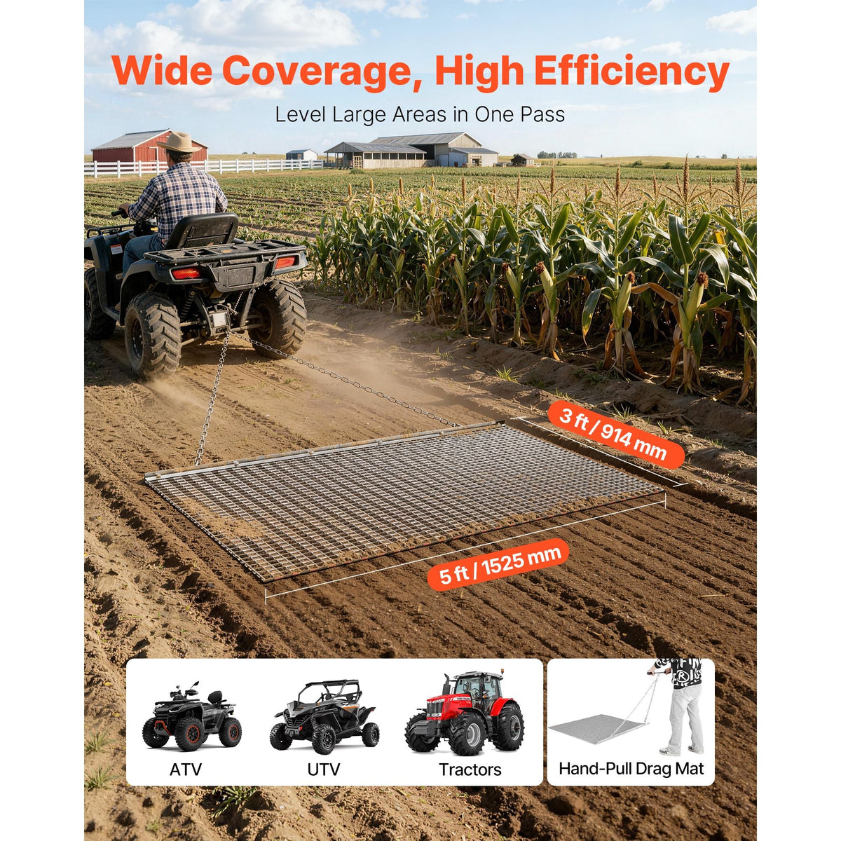 Drag Harrow, 5 x 3 ft, High-Efficiency Chain Harrow Rake, ATVs UTVs Tractors Attachments, Durable Galvanized Steel Mesh Drag Mat with Towing Chain, for Gravel Driveway Ruts Farm Field Leveling