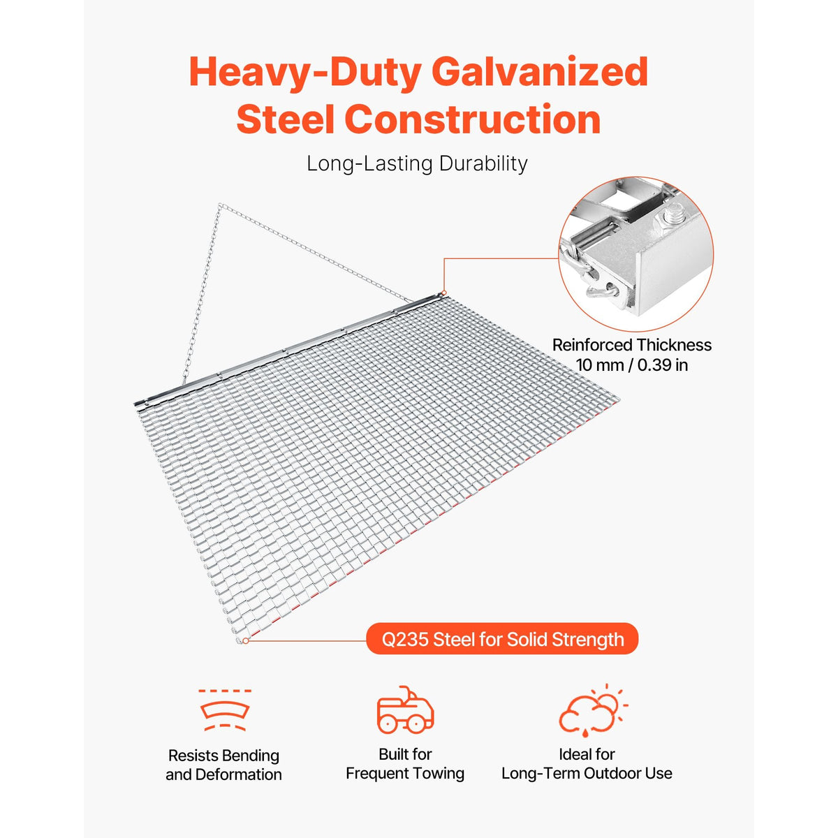 Drag Harrow, 5 x 3 ft, High-Efficiency Chain Harrow Rake, ATVs UTVs Tractors Attachments, Durable Galvanized Steel Mesh Drag Mat with Towing Chain, for Gravel Driveway Ruts Farm Field Leveling