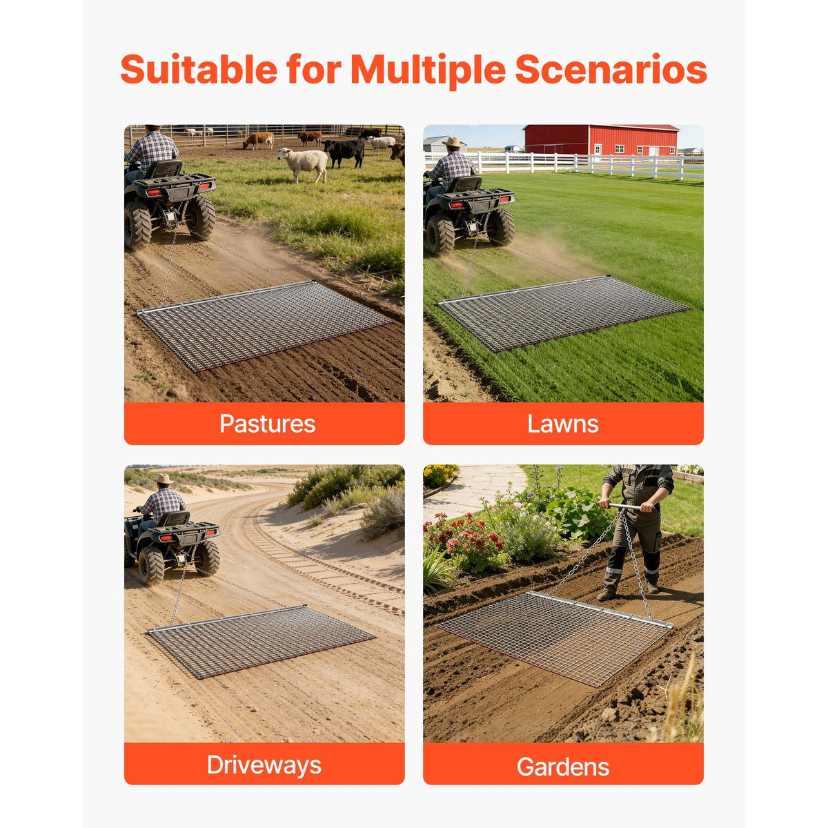 Drag Harrow, 5 x 3 ft, High-Efficiency Chain Harrow Rake, ATVs UTVs Tractors Attachments, Durable Galvanized Steel Mesh Drag Mat with Towing Chain, for Gravel Driveway Ruts Farm Field Leveling