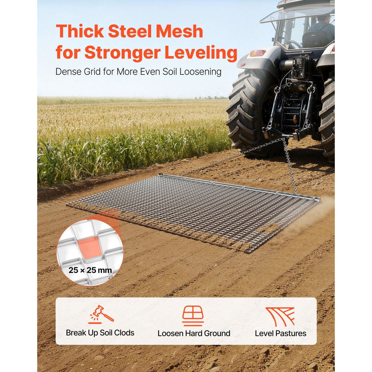 Drag Harrow, 5 x 3 ft, High-Efficiency Chain Harrow Rake, ATVs UTVs Tractors Attachments, Durable Galvanized Steel Mesh Drag Mat with Towing Chain, for Gravel Driveway Ruts Farm Field Leveling