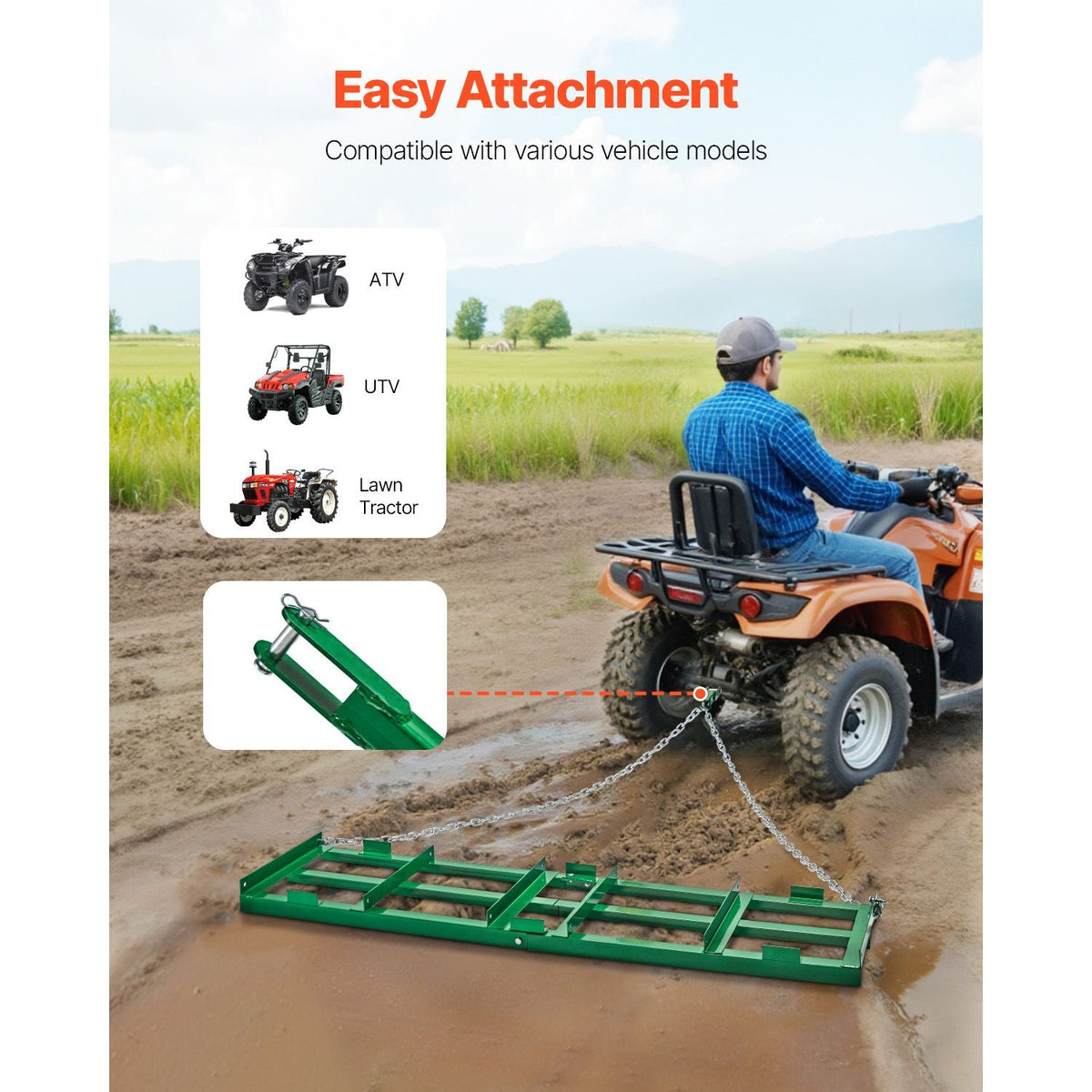 Drag Harrow, 6 ft Heavy Duty Tow Behind Drag Harrow with Adjustable Bars & 72 in Chain, Driveway Grader Landscape Rake for ATV, UTV, Tractor, Mower Tow Behind Yard Lawn Leveling Tool