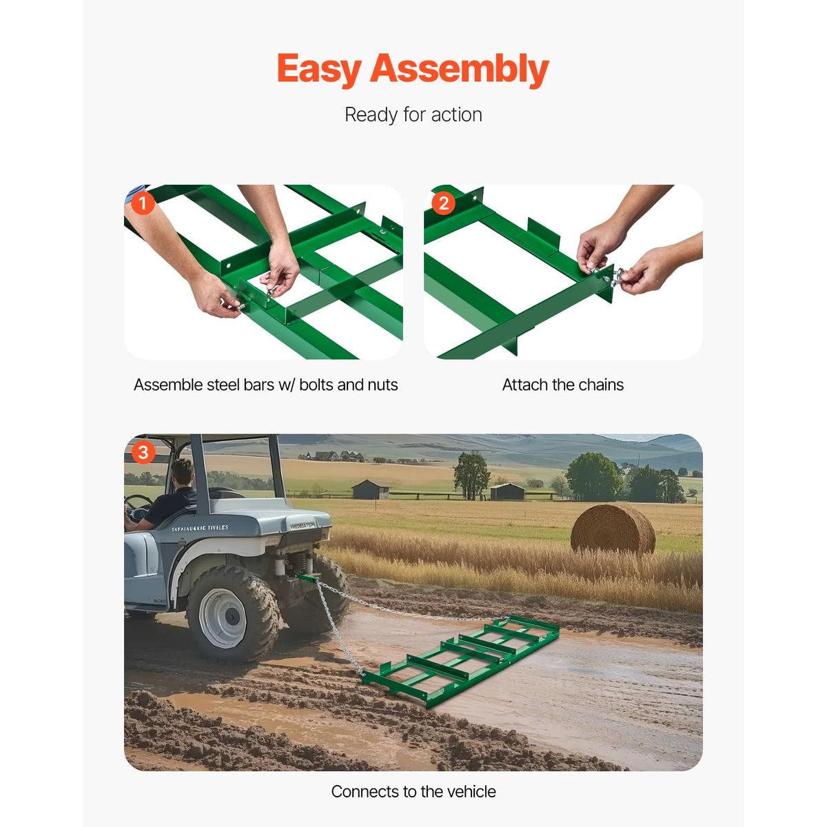 Drag Harrow, 6 ft Heavy Duty Tow Behind Drag Harrow with Adjustable Bars & 72 in Chain, Driveway Grader Landscape Rake for ATV, UTV, Tractor, Mower Tow Behind Yard Lawn Leveling Tool