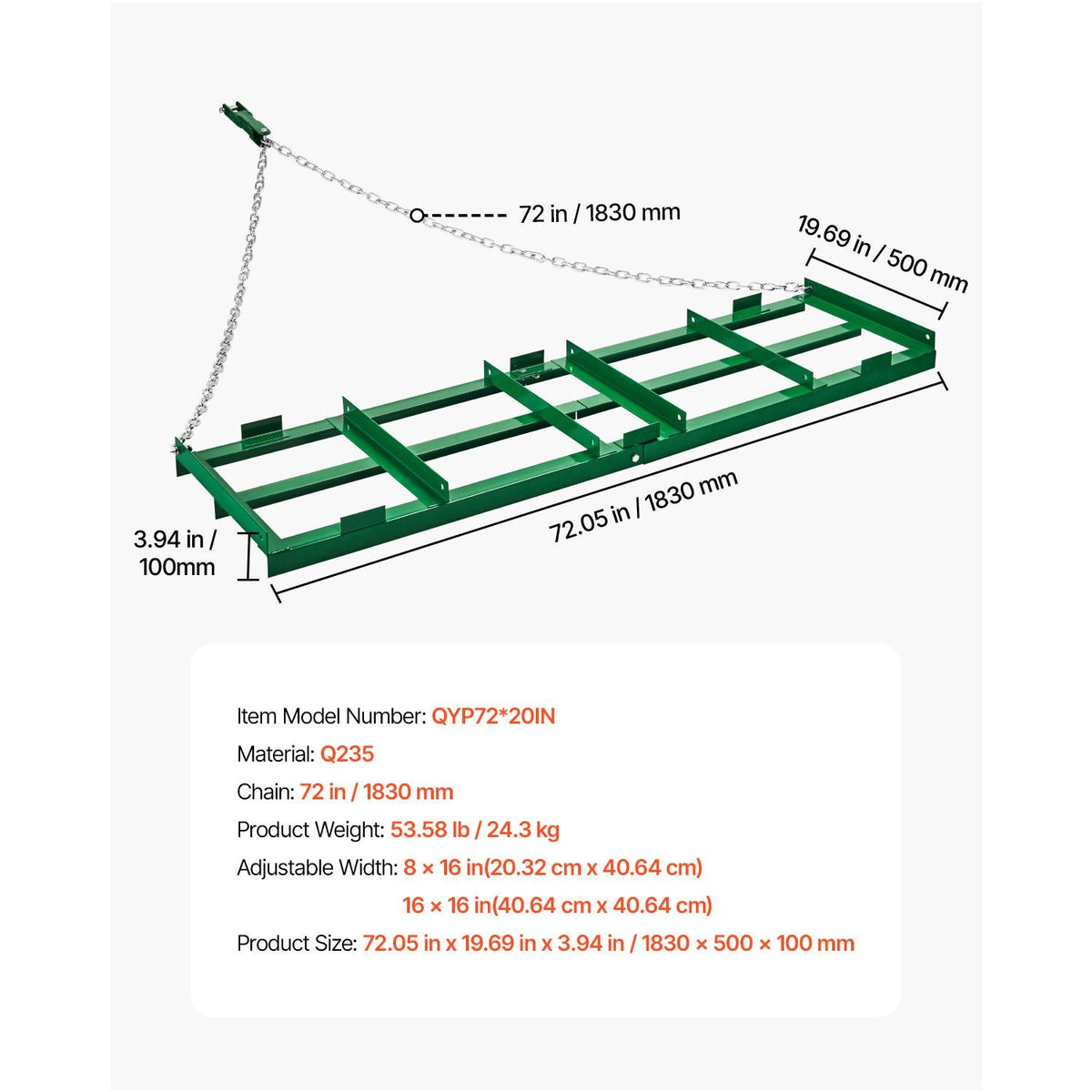 Drag Harrow, 6 ft Heavy Duty Tow Behind Drag Harrow with Adjustable Bars & 72 in Chain, Driveway Grader Landscape Rake for ATV, UTV, Tractor, Mower Tow Behind Yard Lawn Leveling Tool