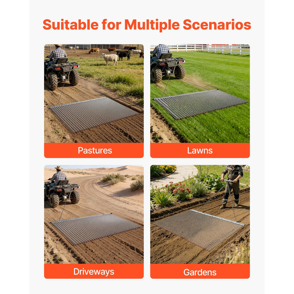 Drag Harrow, 6.6 x 4 ft, High-Efficiency Chain Harrow Rake, ATVs UTVs Tractors Attachments, Durable Galvanized Steel Mesh Drag Mat with Towing Chain, for Gravel Driveway Ruts Farm Field Leveling