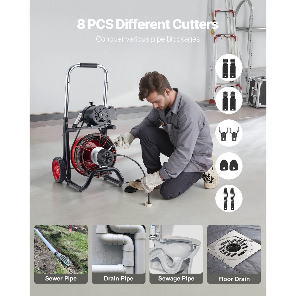 Drain Cleaner Machine 100 FT x 1/2 Inch, Auto Feed Sewer Snake Auger on Wheels - with 8 Cutters & Air-Activated Foot Switch for 2" to 6" Pipes
