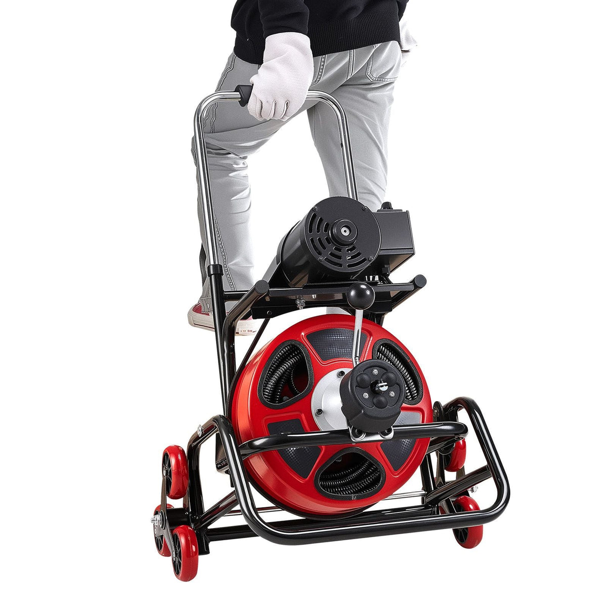 Drain Cleaner Machine 100 FT x 1/2 Inch, Auto Feed Sewer Snake Auger, Portable Drain Cleaning Machine with Climbing Wheels, Adjustable Drum, 8 Cutters & Foot Switch for 2" to 6" Pipes