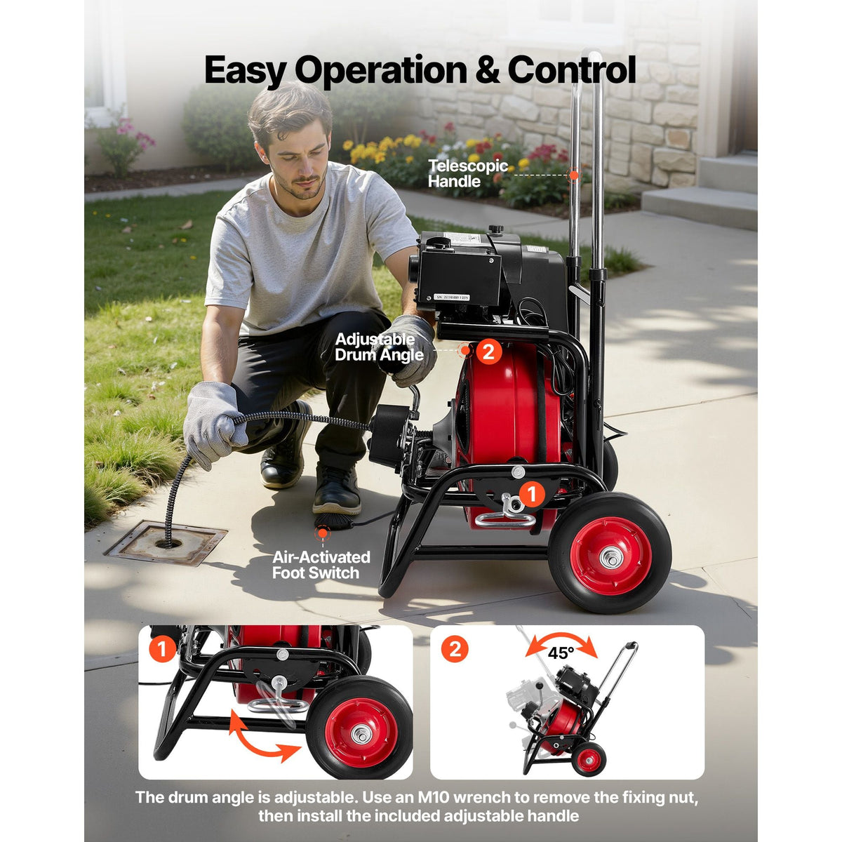 Drain Cleaner Machine 100 FT x 1/2 Inch, Auto Feed Sewer Snake Auger, Portable Drain Cleaning Machine with Climbing Wheels, Adjustable Drum, 8 Cutters & Foot Switch for 2" to 6" Pipes