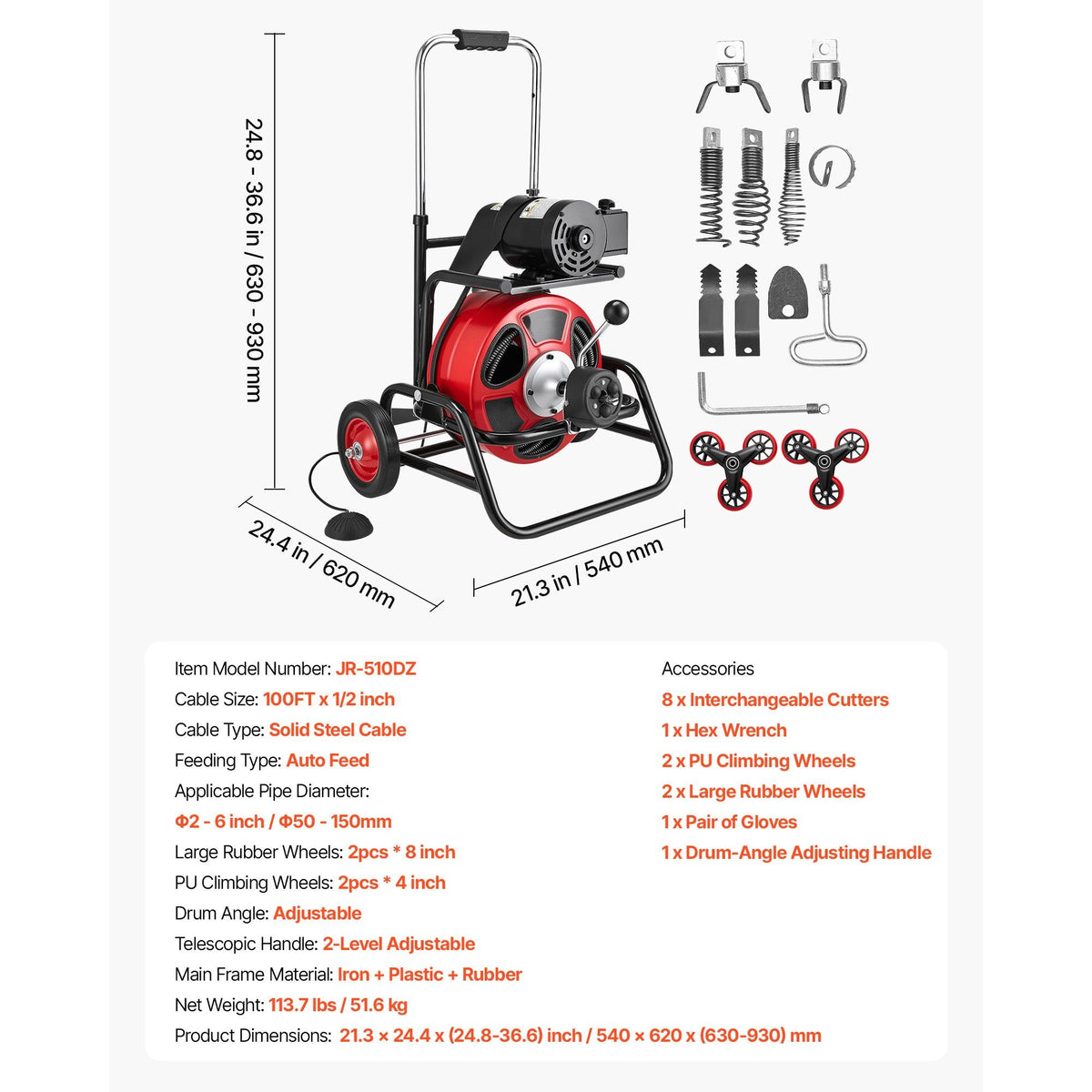 Drain Cleaner Machine 100 FT x 1/2 Inch, Auto Feed Sewer Snake Auger, Portable Drain Cleaning Machine with Climbing Wheels, Adjustable Drum, 8 Cutters & Foot Switch for 2" to 6" Pipes
