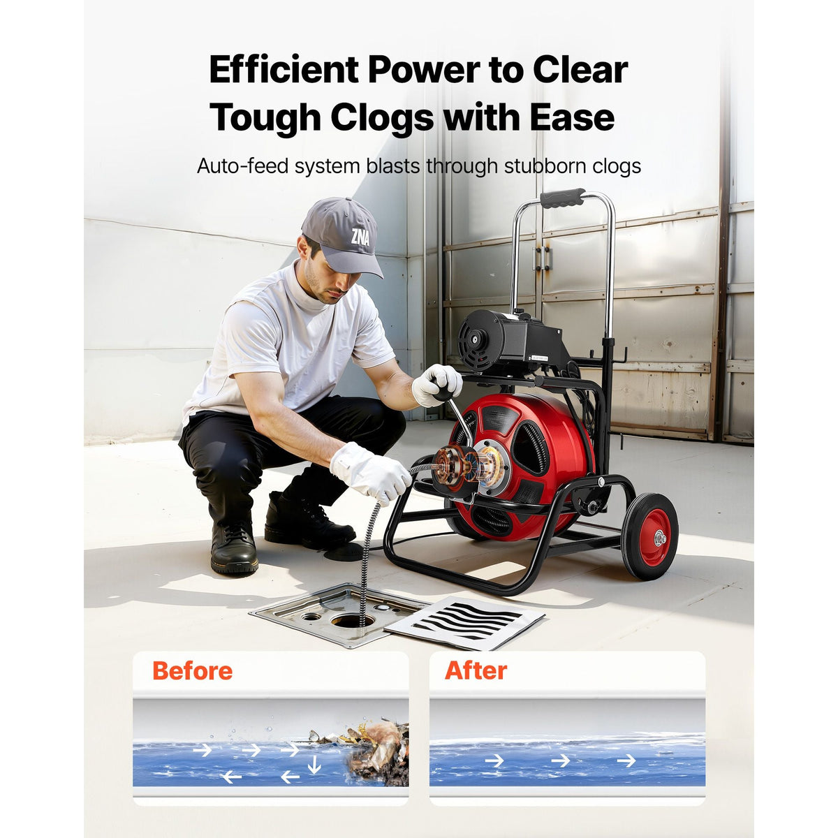 Drain Cleaner Machine 100 FT x 1/2 Inch, Auto Feed Sewer Snake Auger, Portable Drain Cleaning Machine with Climbing Wheels, Adjustable Drum, 8 Cutters & Foot Switch for 2" to 6" Pipes