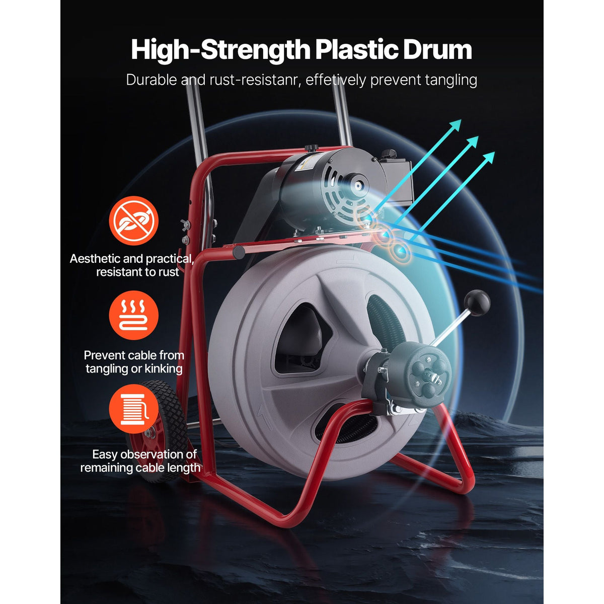 Drain Cleaner Machine 100 FT x 1/2 Inch, Auto Feed Sewer Snake Drain Auger on Wheels, Portable Drain Cleaning Machine with 8 Cutters & Air-Activated Foot Switch for 2" to 6" Pipes