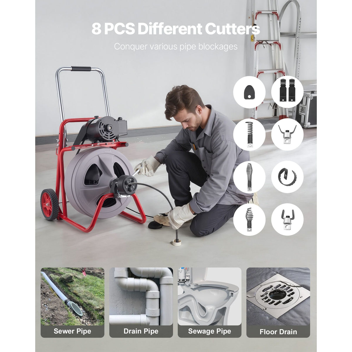Drain Cleaner Machine 100 FT x 1/2 Inch, Auto Feed Sewer Snake Drain Auger on Wheels, Portable Drain Cleaning Machine with 8 Cutters & Air-Activated Foot Switch for 2" to 6" Pipes