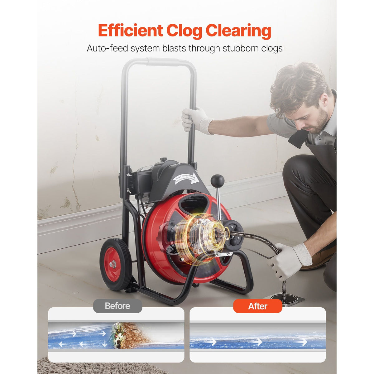 Drain Cleaner Machine 100 FT x 3/8 Inch, Auto Feed Sewer Snake Auger on Wheels, Portable Drain Cleaning Machine with 4 Cutters & Air-activated Foot Switch for 2" to 4" Pipes