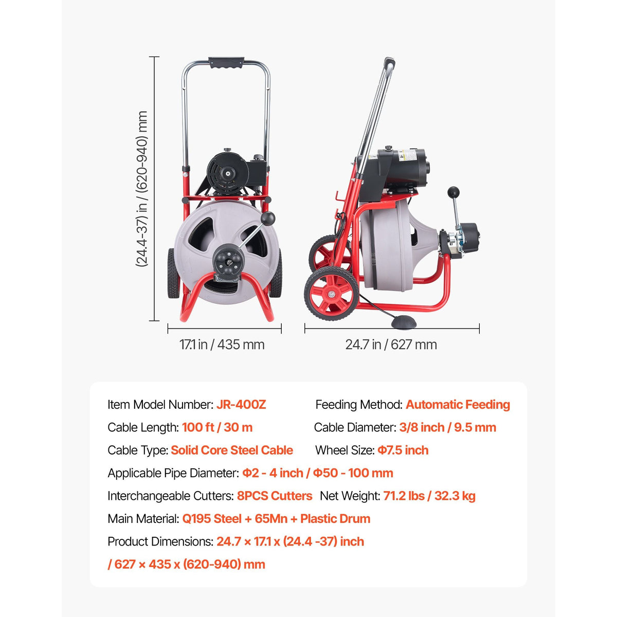 Drain Cleaner Machine 100 FT x 3/8 Inch, Auto Feed Sewer Snake Drain Auger on Wheels, Portable Drain Cleaning Machine with 8 Cutters & Air-Activated Foot Switch for 2" to 4" Pipes
