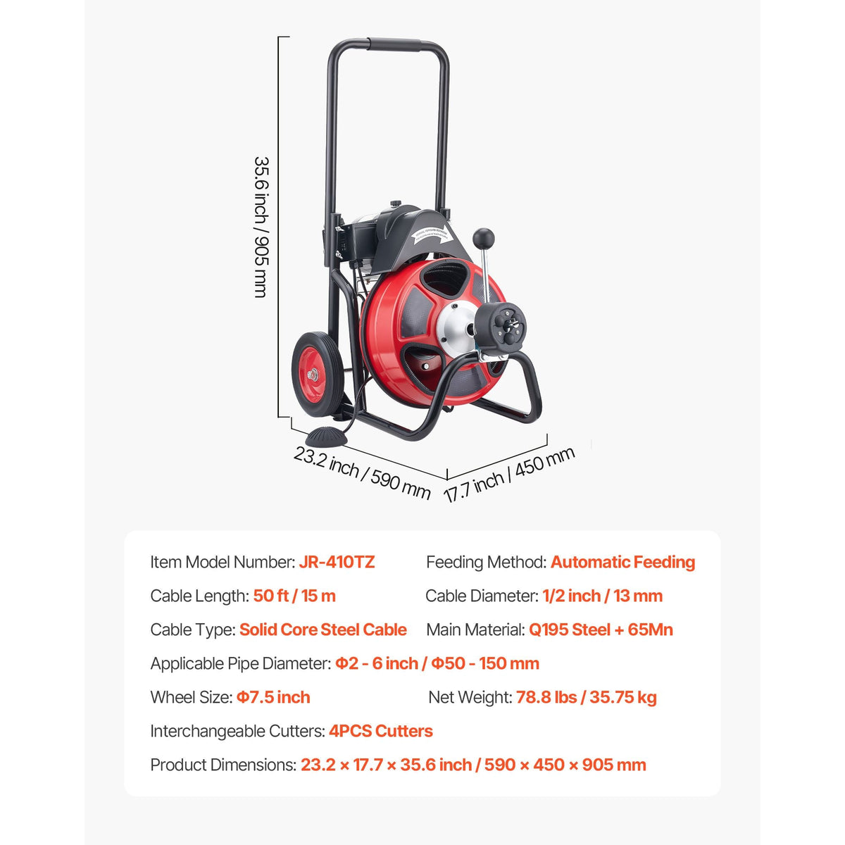 Drain Cleaner Machine 50 FT x 1/2 Inch, Auto Feed Sewer Snake Auger on Wheels, Portable Drain Cleaning Machine with 4 Cutters & Air-activated Foot Switch for 2" to 6" Pipes