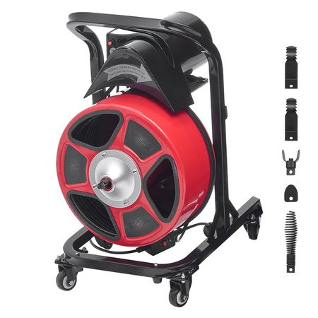 Drain Cleaner Machine 50 FT x 1/2 Inch, Manual Feed Sewer Snake Auger on Wheels - with 4 Cutters & Air-activated Foot Switch for 2" to 6" Pipes