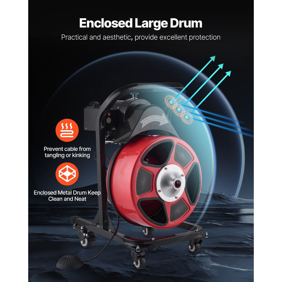 Drain Cleaner Machine 50 FT x 1/2 Inch, Manual Feed Sewer Snake Auger on Wheels - with 4 Cutters & Air-activated Foot Switch for 2" to 6" Pipes