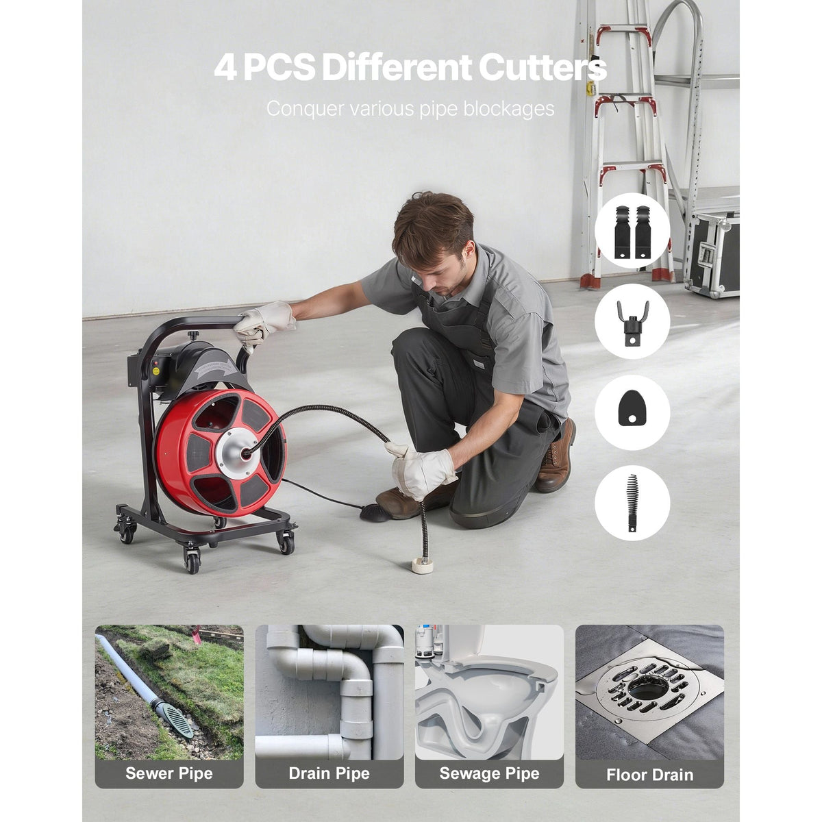 Drain Cleaner Machine 50 FT x 1/2 Inch, Manual Feed Sewer Snake Auger on Wheels - with 4 Cutters & Air-activated Foot Switch for 2" to 6" Pipes