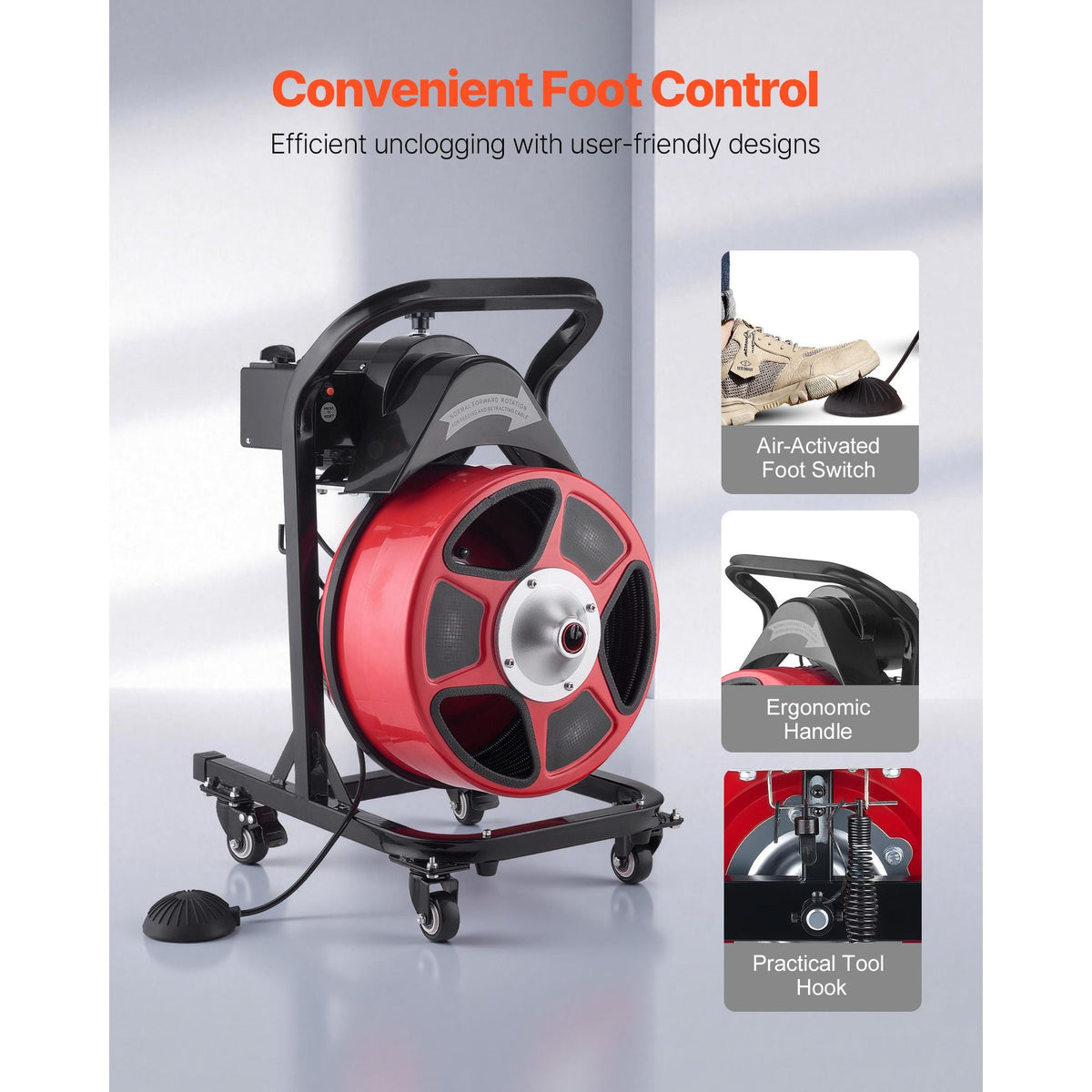Drain Cleaner Machine 50 FT x 1/2 Inch, Manual Feed Sewer Snake Auger on Wheels - with 4 Cutters & Air-activated Foot Switch for 2" to 6" Pipes