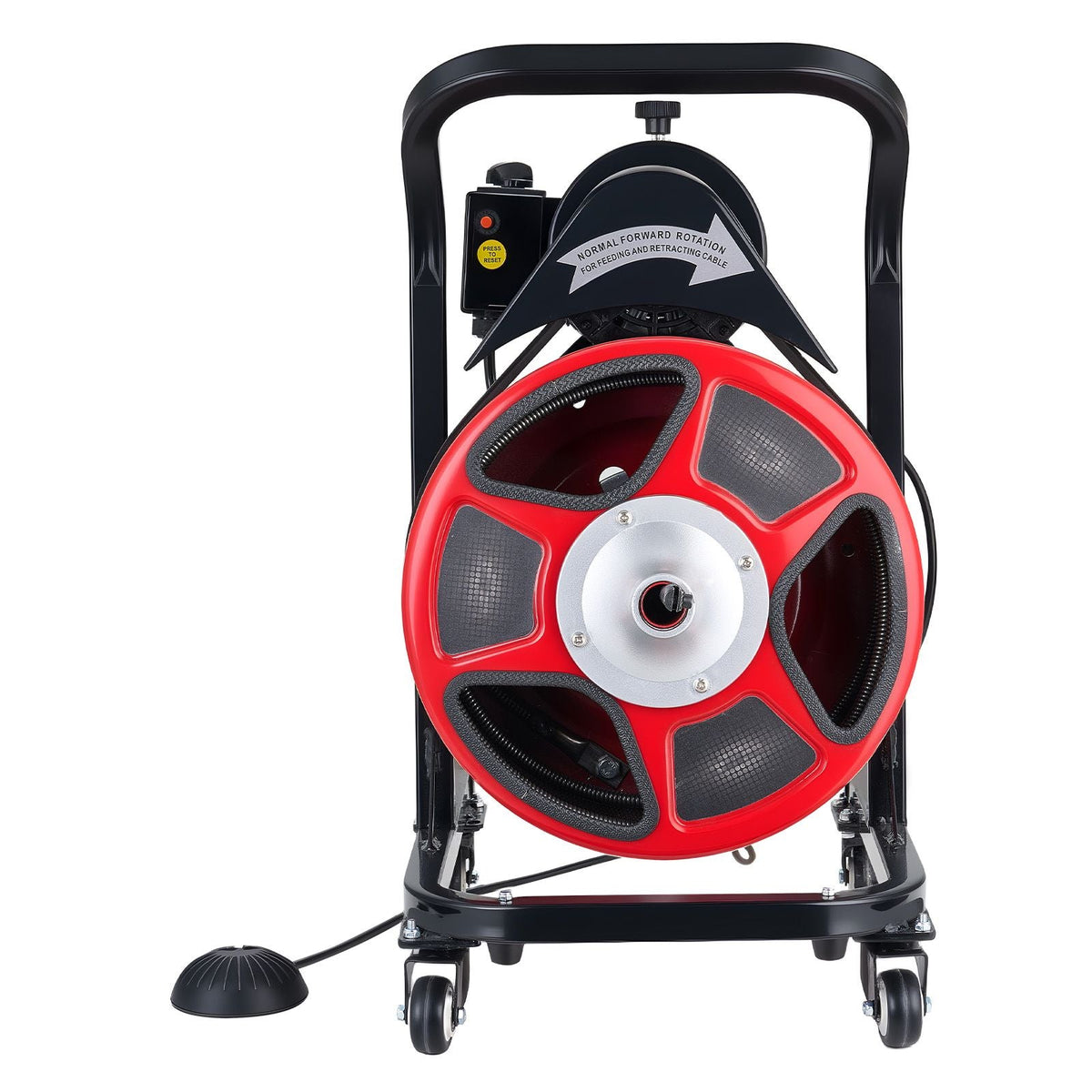 Drain Cleaner Machine 50 FT x 1/2 Inch, Manual Feed Sewer Snake Auger on Wheels - with 4 Cutters & Air-activated Foot Switch for 2" to 6" Pipes