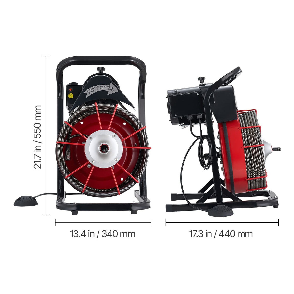 Drain Cleaner Machine 50 FT x 1/2 Inch, Sewer Snake Auger Manual Feed with 4 Cutters & Air-activated Foot Switch for 2" to 6" Pipes
