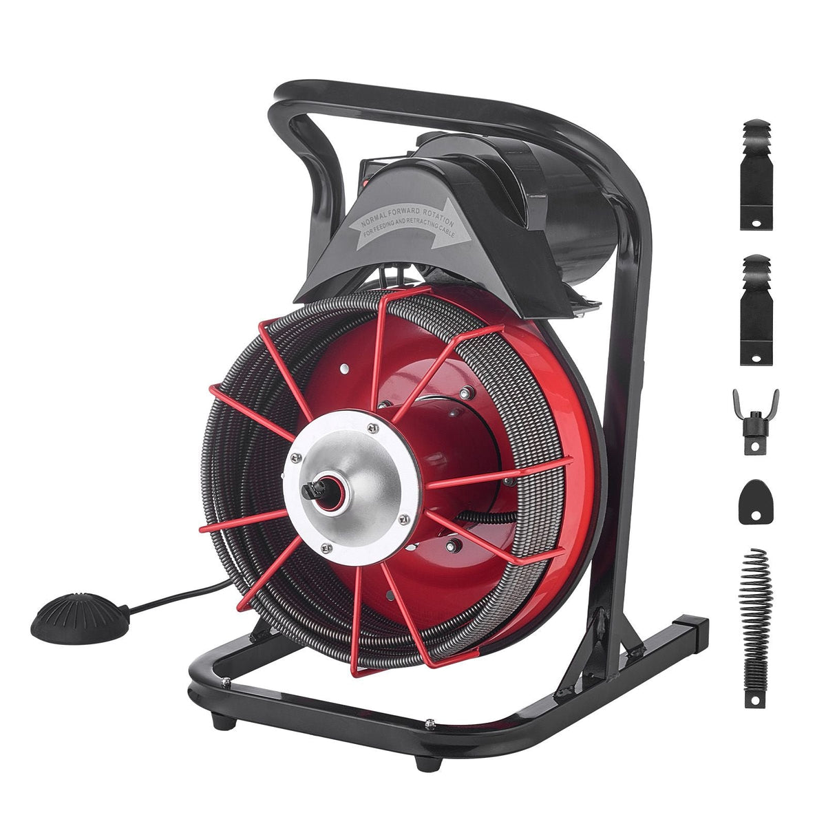 Drain Cleaner Machine 50 FT x 1/2 Inch, Sewer Snake Auger Manual Feed with 4 Cutters & Air-activated Foot Switch for 2" to 6" Pipes