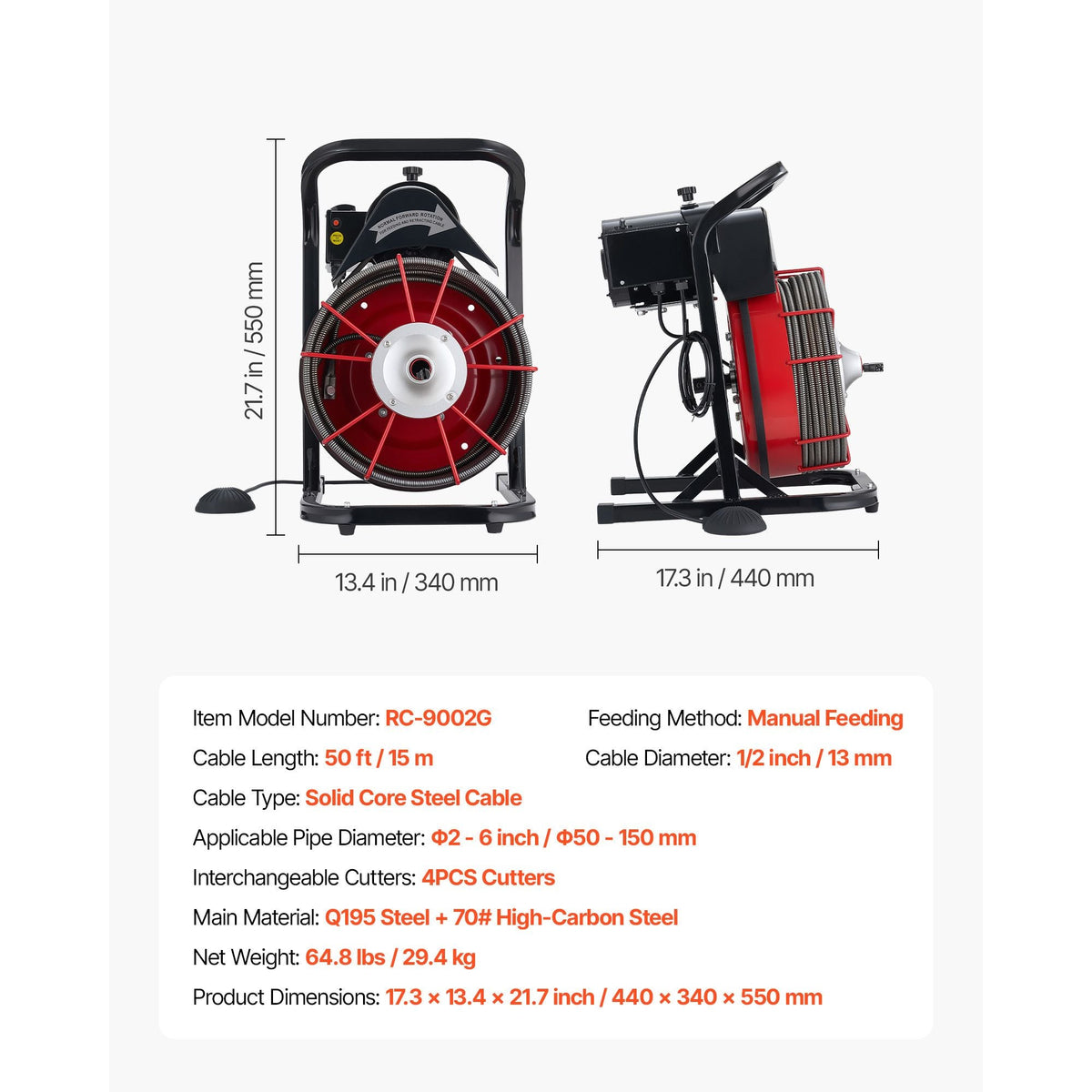Drain Cleaner Machine 50 FT x 1/2 Inch, Sewer Snake Auger Manual Feed with 4 Cutters & Air-activated Foot Switch for 2" to 6" Pipes