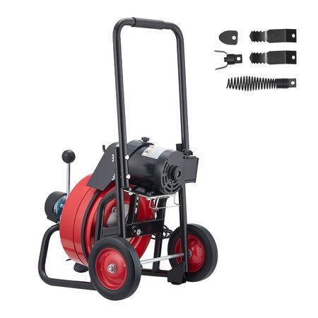 Drain Cleaner Machine 75 FT x 1/2 Inch, Auto Feed Sewer Snake Auger on Wheels, Portable Drain Cleaning Machine with 4 Cutters & Air-activated Foot Switch for 2" to 6" Pipes