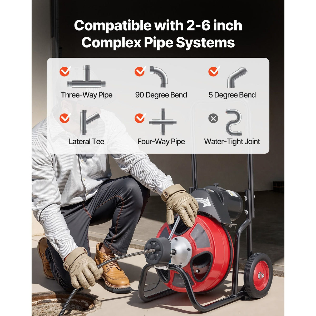Drain Cleaner Machine 75 FT x 1/2 Inch, Auto Feed Sewer Snake Auger on Wheels, Portable Drain Cleaning Machine with 4 Cutters & Air-activated Foot Switch for 2" to 6" Pipes
