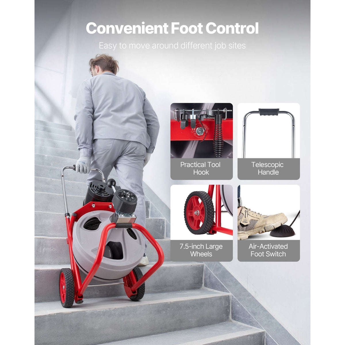 Drain Cleaner Machine 75 FT x 3/8 Inch, Auto Feed Sewer Snake Drain Auger on Wheels, Portable Drain Cleaning Machine with 8 Cutters & Air-Activated Foot Switch for 2" to 4" Pipes