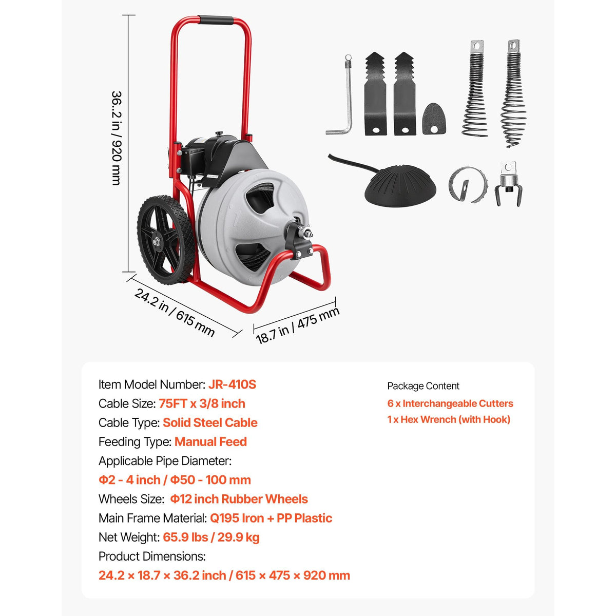 Drain Cleaner Machine 75 FT x 3/8 Inch, Sewer Snake Auger Manual Feed on Wheels, Portable Drain Cleaning Machine with 6 Cutters & Air-activated Foot Switch for 2" to 4" Pipes