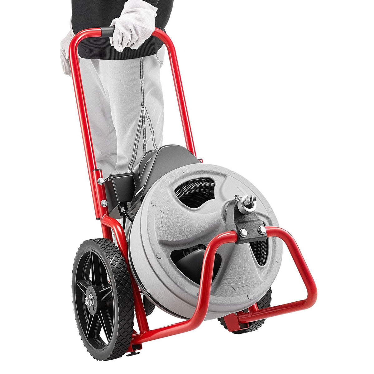 Drain Cleaner Machine 75 FT x 3/8 Inch, Sewer Snake Auger Manual Feed on Wheels, Portable Drain Cleaning Machine with 6 Cutters & Air-activated Foot Switch for 2" to 4" Pipes
