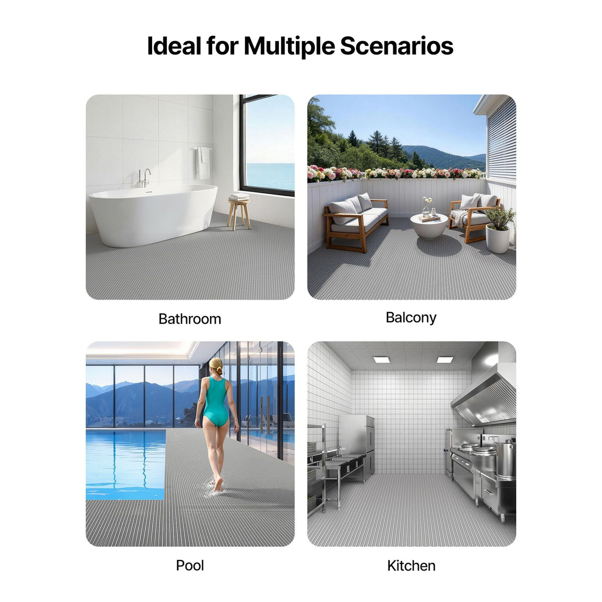 Drainage Mat, 3 x 10 ft, PVC Non Slip Commercial Floor Mat, Wet Area Water Drain Splash Matting Hollow Doormat Roll, for Outdoor Indoor Restaurant Swimming Pool Patio Bathroom Washroom, Gray