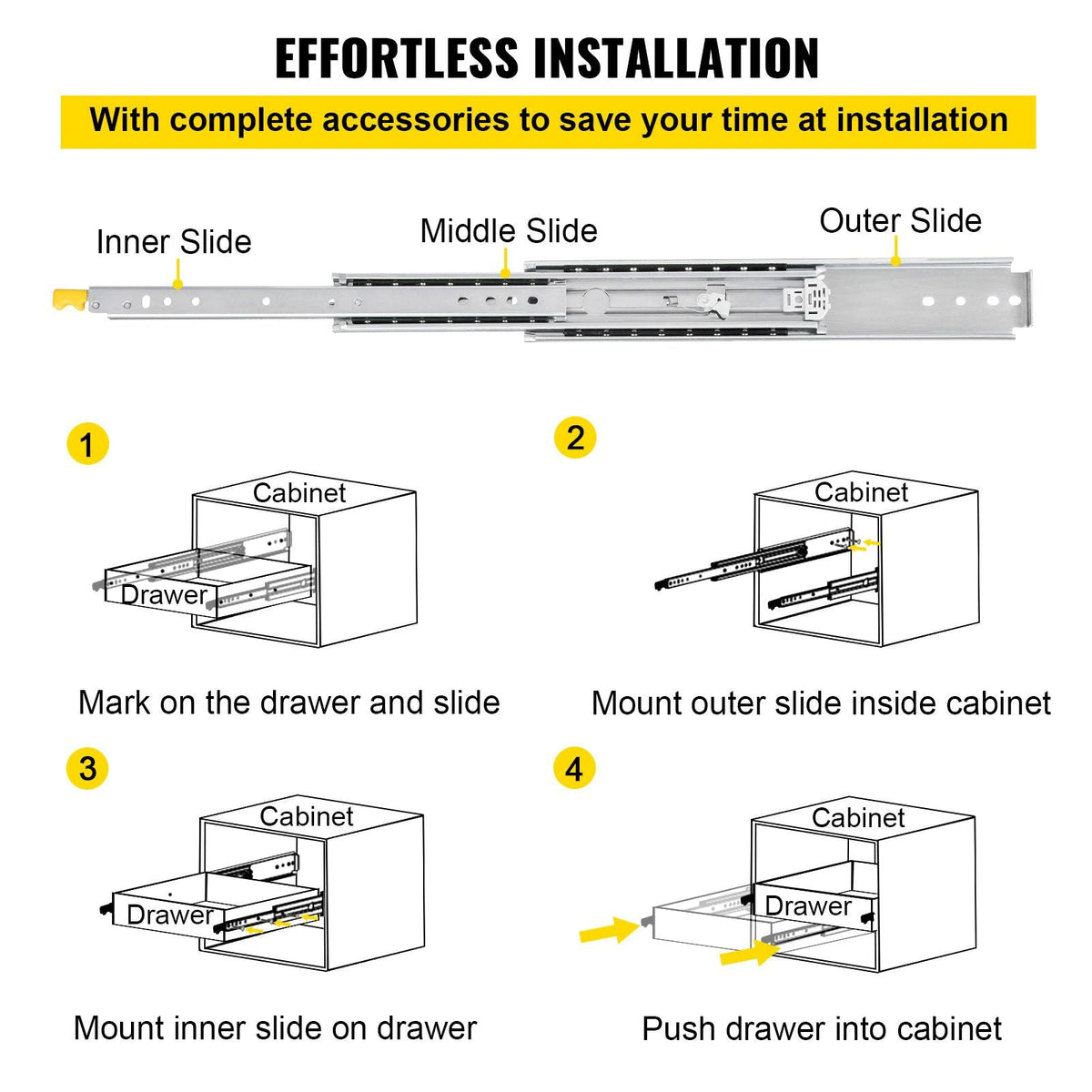 Drawer Slides with Lock, 1 Pair 48 inch, Heavy-Duty Industrial Steel up to 500 lbs Capacity, 3-Fold Full Extension, Ball Bearing Lock-in & Lock-Out, Side Mount