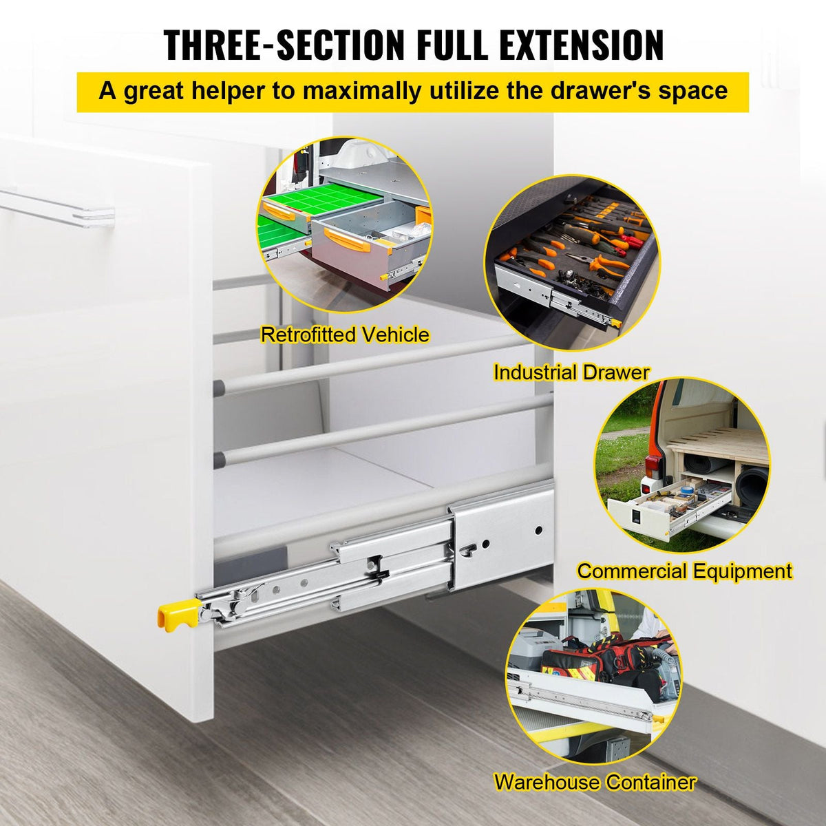 Drawer Slides with Lock, 1 Pair 48 inch, Heavy-Duty Industrial Steel up to 500 lbs Capacity, 3-Fold Full Extension, Ball Bearing Lock-in & Lock-Out, Side Mount