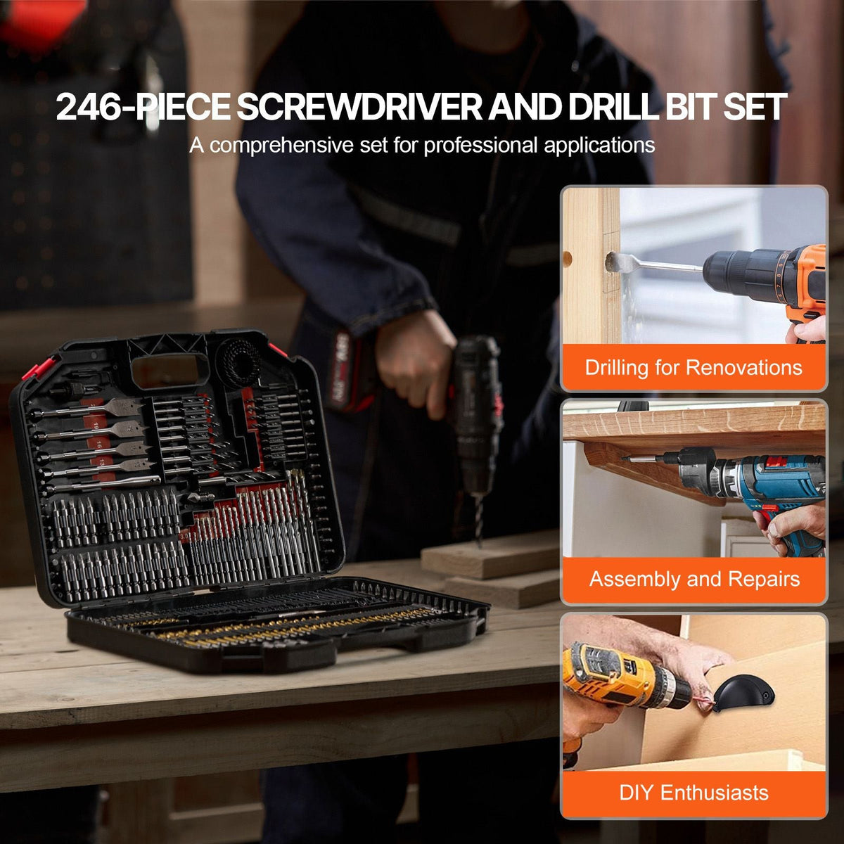 Drill Bit Set, 246 Pieces Drill and Driver Bit Set, Screwdriver Bit Set Suitable for Wood Metal Cement Drilling and Screw Driving, Drill Bit Sets Combo Kit Assorted in Organized Carrying Case