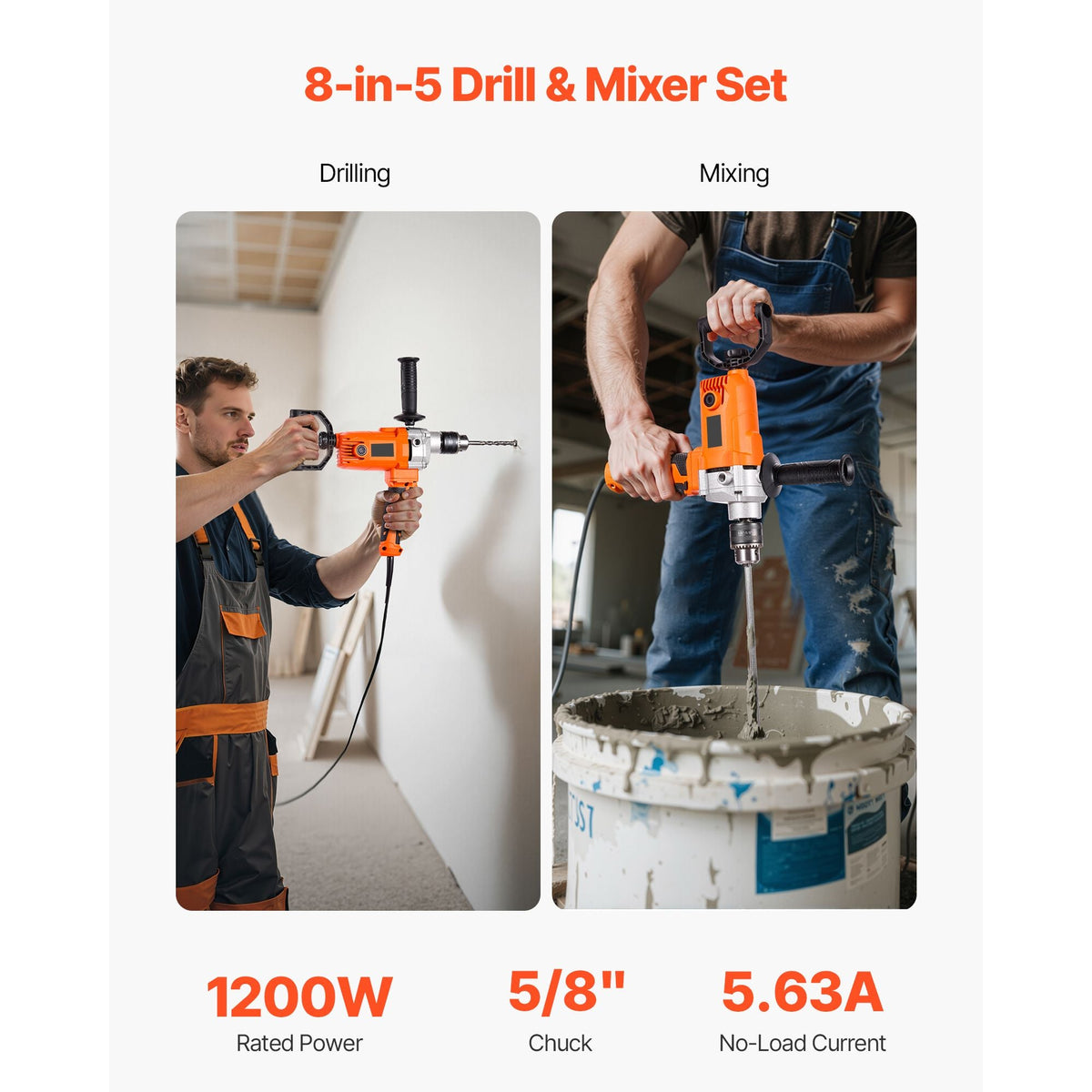 Drill Mixer, 5/8 inch Corded Electric Drill Mixer Set, 0-750RPM 5.63A Mixing Drills, Mixing Drills Machine with D-Handle for Drilling & Blending, Handheld Cement Mixers for Fodder, Paint, Cement