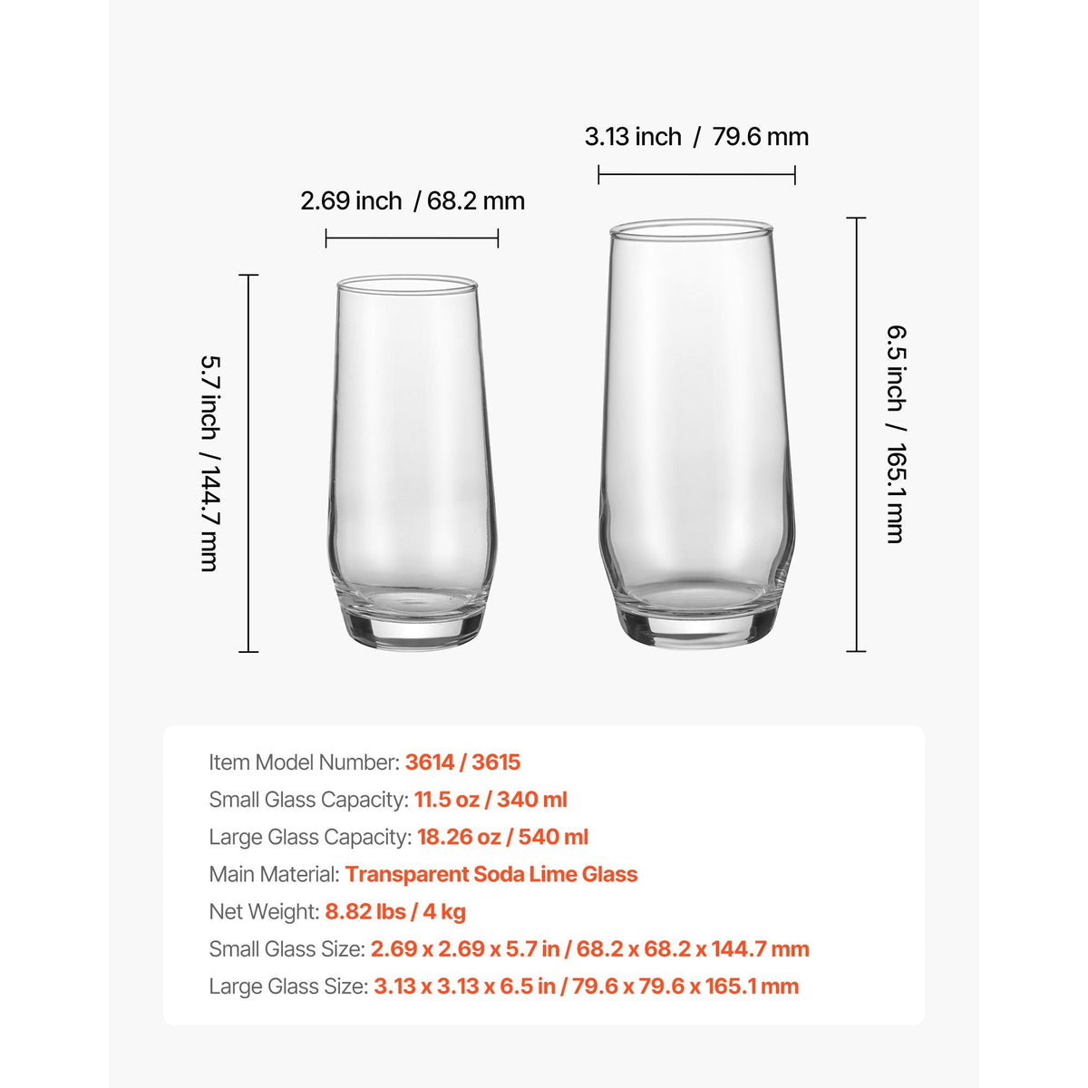 Drinking Glasses Set, 16-Piece Crystal Glass Cups, Elegant Mixed Glassware Set, with 8 Pcs 18.26 Oz Highball and 8 Pcs 11.5 Oz Cocktail Drinkware for Kitchen, Beer, Smoothie, Juice, Soda, Wine