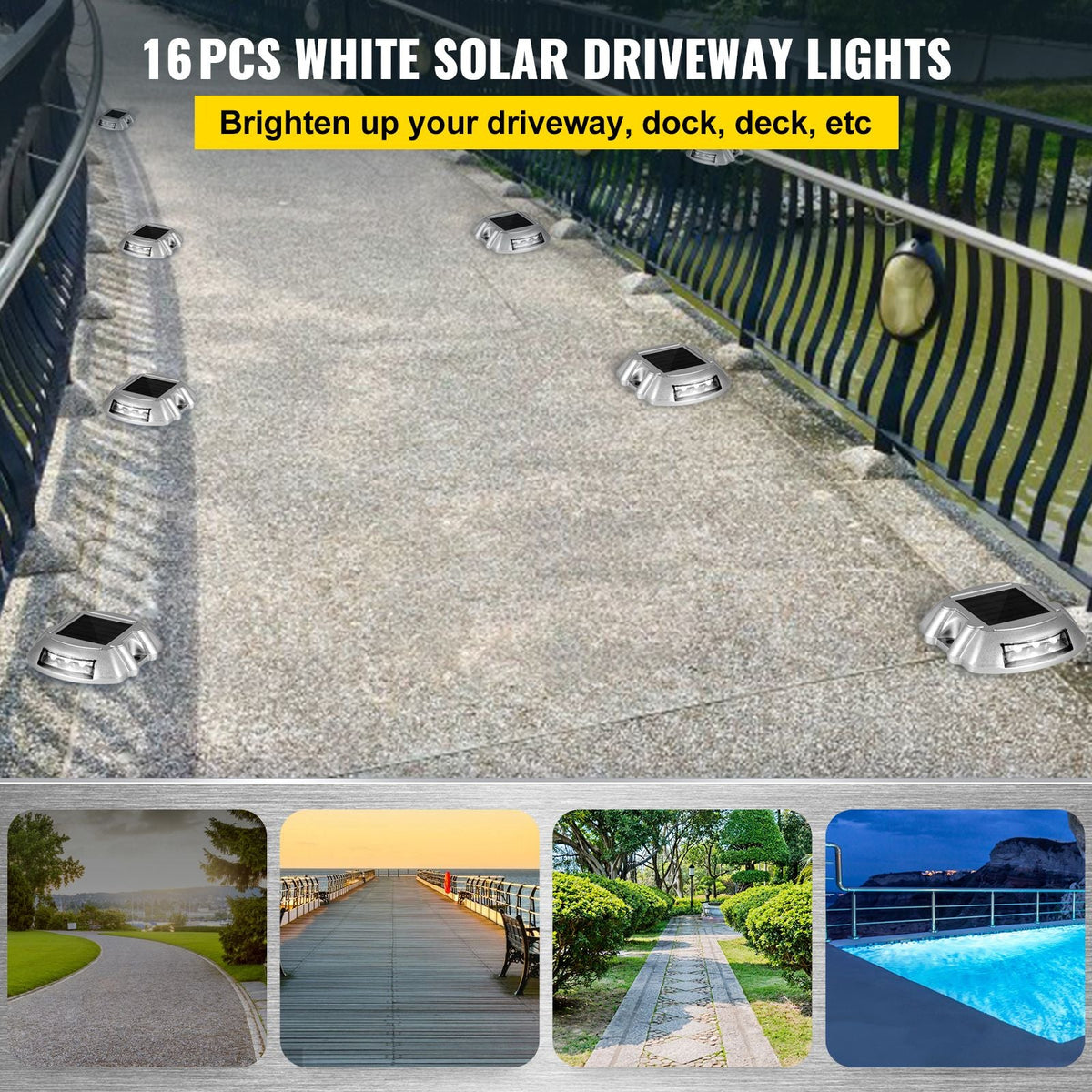 Driveway Lights 16-Pack Solar Driveway Lights Bright White with Screw Solar Deck Lights Outdoor Waterproof Wireless Dock Lights 6 LEDs for Path Warning Garden Walkway Sidewalk Steps